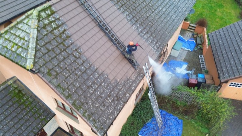 Soft-washing moss and algae from a tiled roof