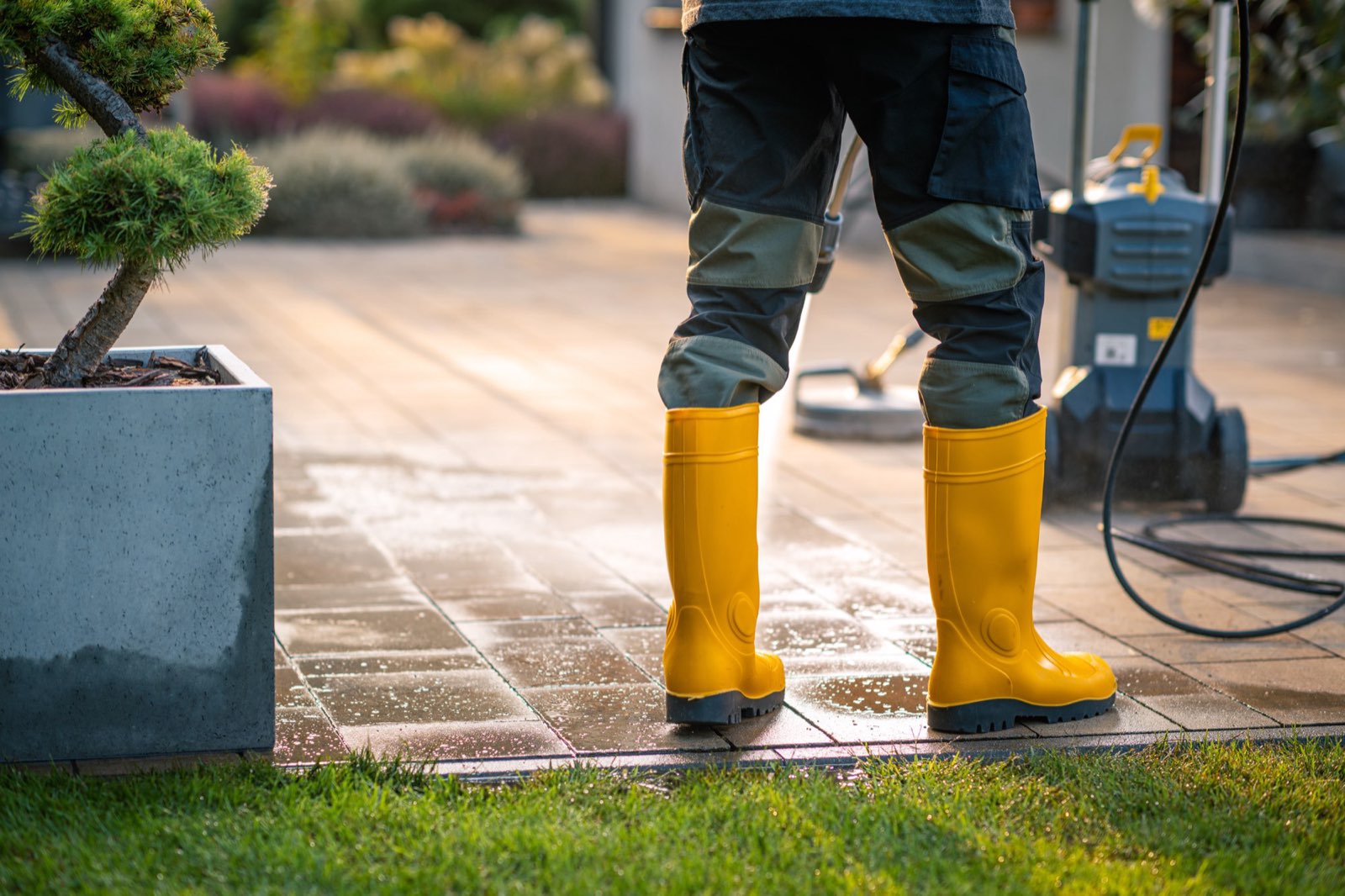 A WaveTech operative pressure-washing a freshly cleaned paved patio