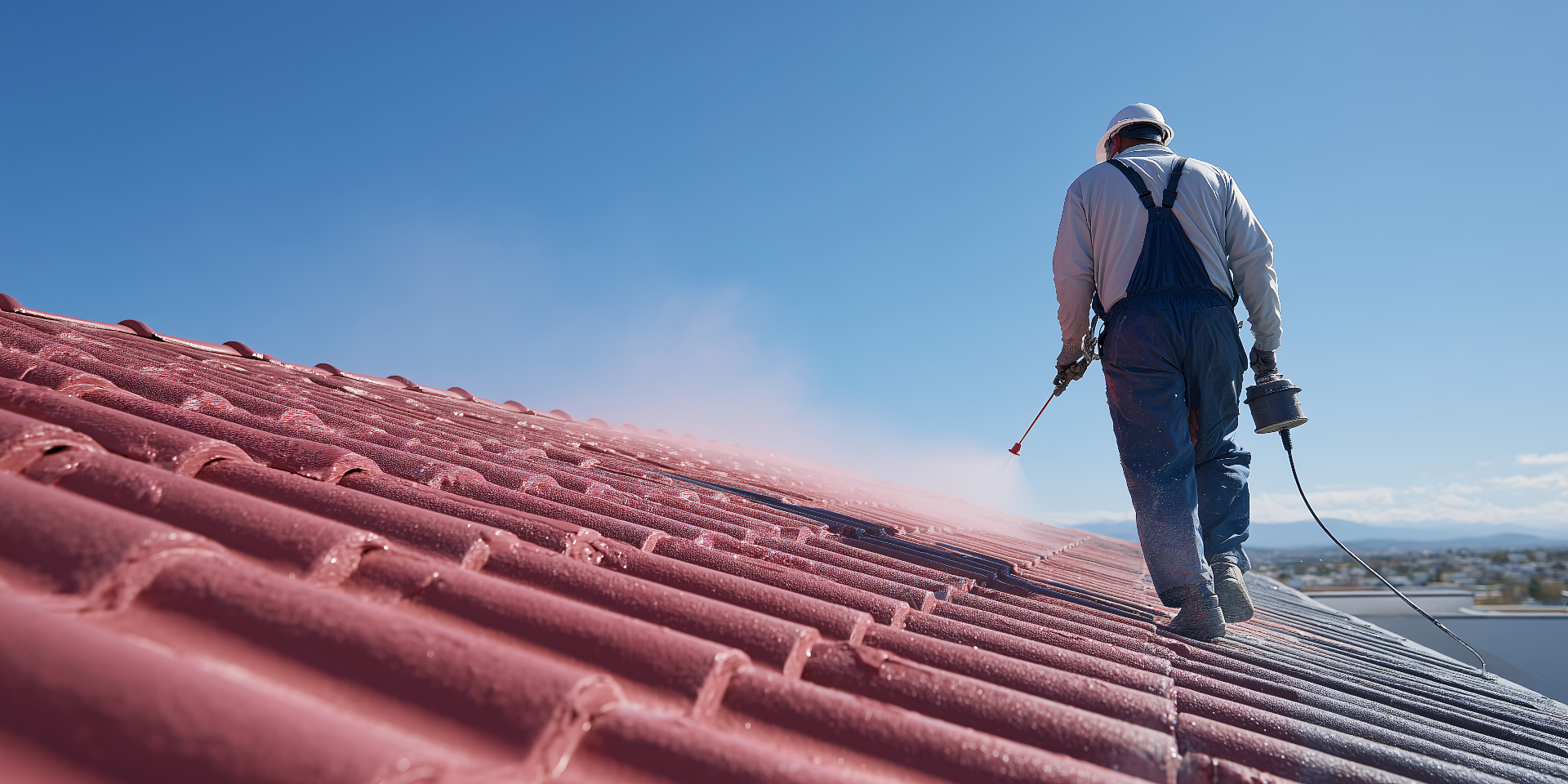 Professional roofer applying coating to tiled roof in Scotland